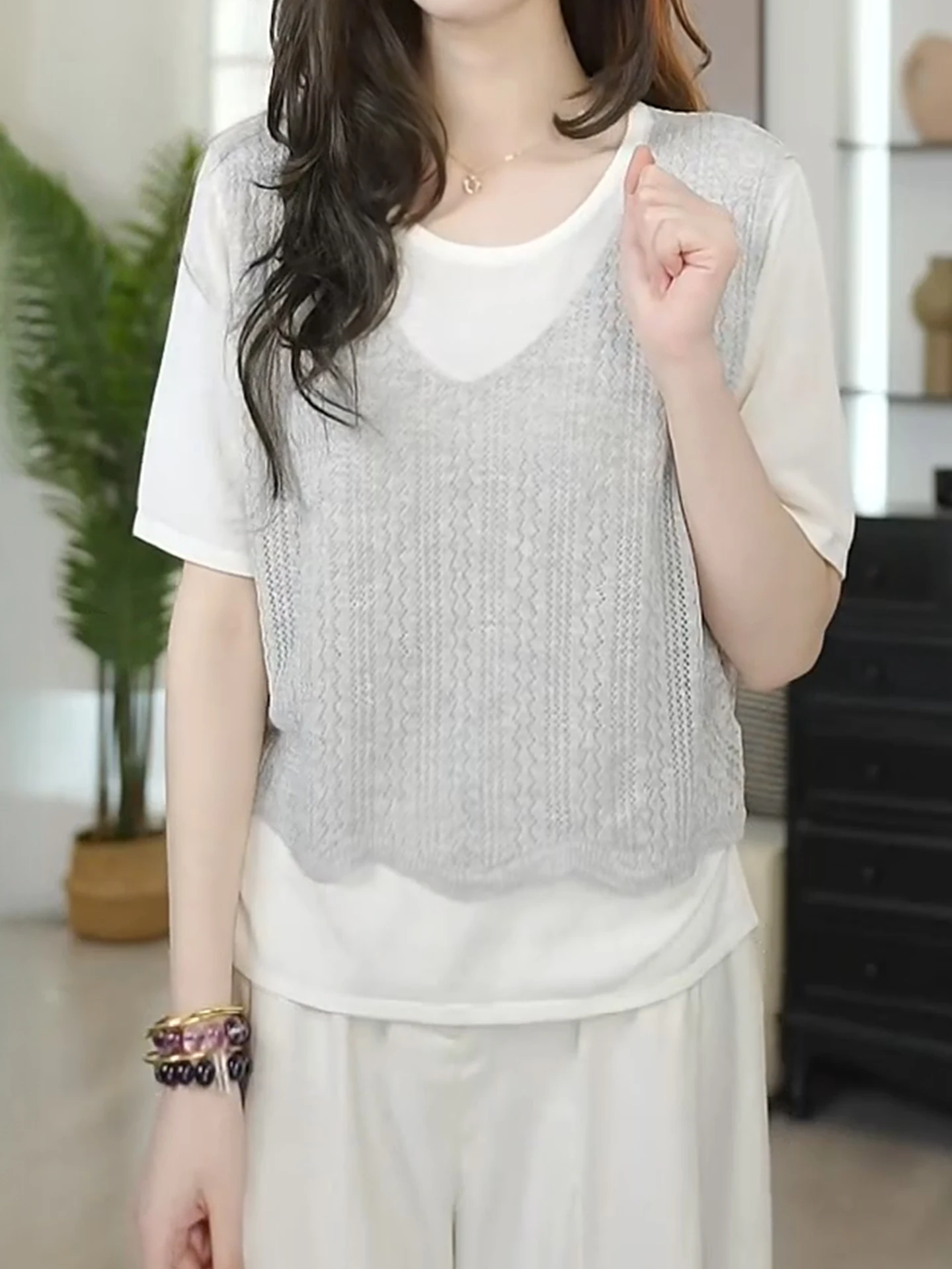 

Стильный круглый вырез, трикотажный топ, повседневный летний, для работы, стройнящий, модный, корейский стиль, прямой крой, трикотаж