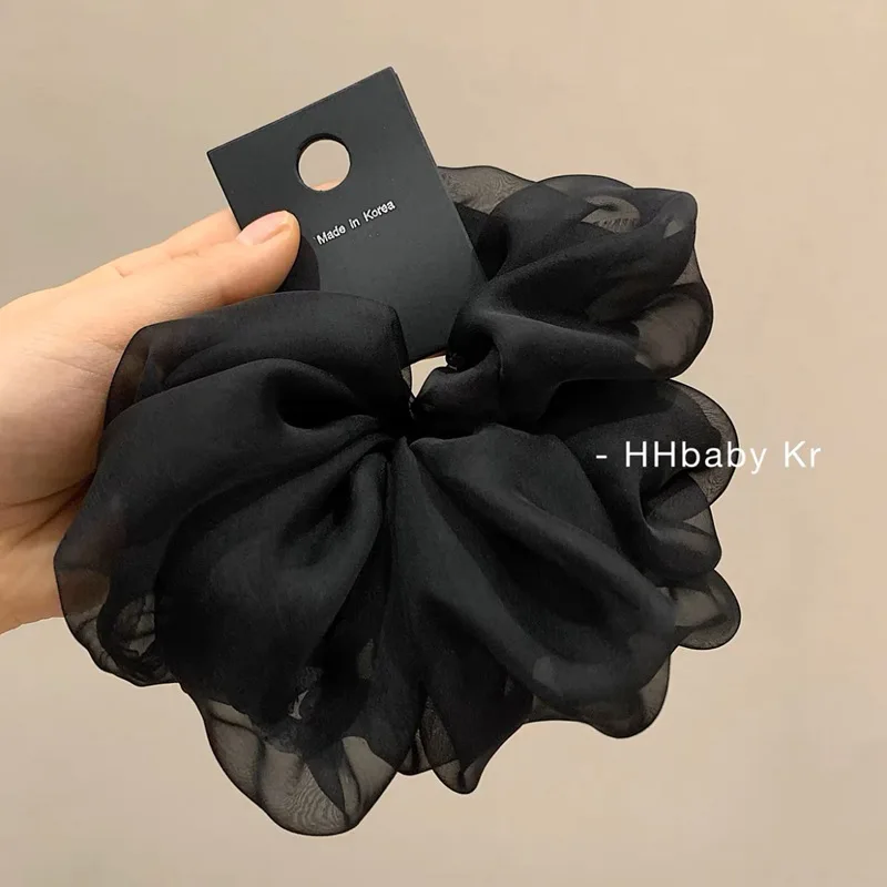 French Scrunchies for Hair Yarn Silk Black Korean Fashion Hairstyle Elastic Hairties Large Size Rubberbands for Girls and Women