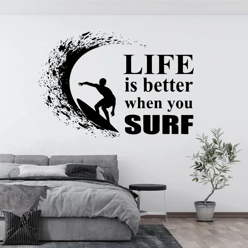 Slogan Surf Wall Sticker Ocean Surfboard Seaside Travel Holiday House Home Door Window Decoration Vinyl Decal Gift