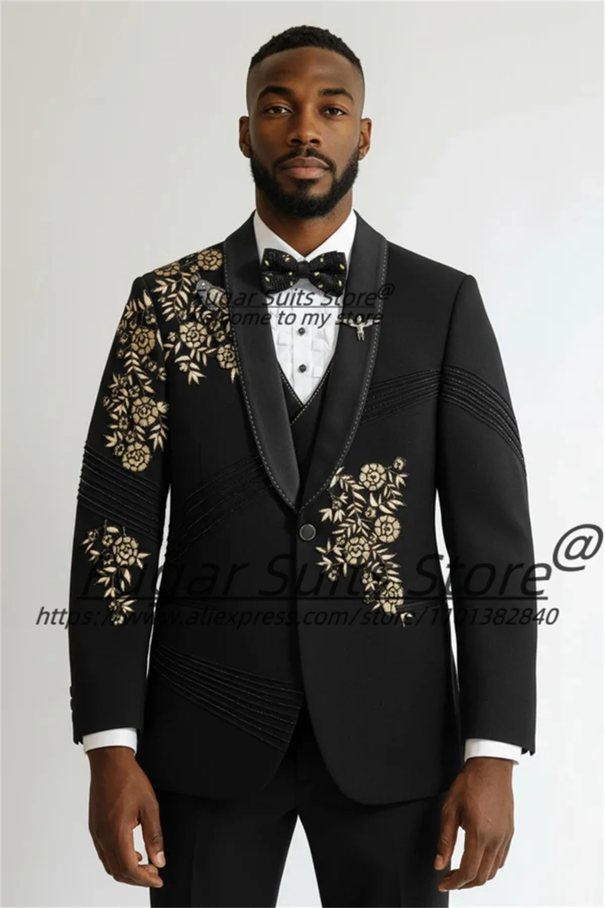 Elegant Gold Embroidery Groom Wedding Tuxedos Customized Slim Fit Shawl Lapel Men Suits 3Pcs Sets Male Party Blazers Ropa Hombre