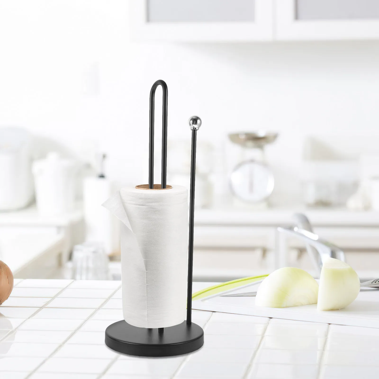 

Standing Iron Paper Towel Holder Vertical Kitchen Roll Rack for Tissue Storage Multi-Functional Countertop Organizer