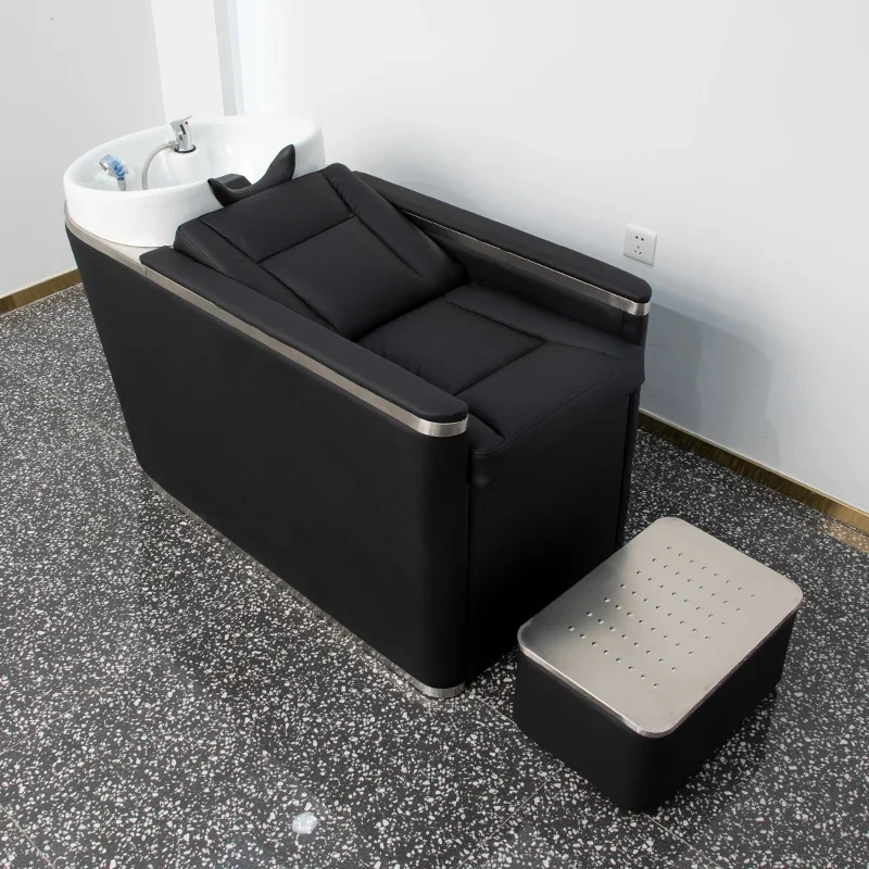 

Barber Shop Shampoo Chair Half Lying for Hair Salon Thai Bed Flushing Bed Ceramic Basin Stainless Steel Salon Shampoo Bed