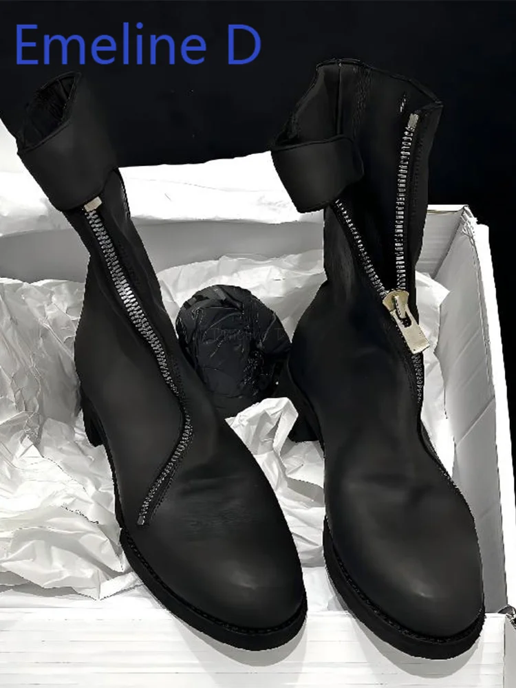 Front Zipper Black Midsole Boots Fashionable Square Heel Height Increasing Motorcycle Boots Unisex Casual Versatile Short Boots