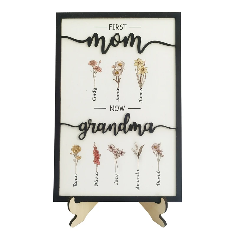 

First Mom Now Grandma Birth Month Flower Wooden Plaque, Personalized Mothers Day Gifts, Mother's Day Gift, Gift For Mom Durable