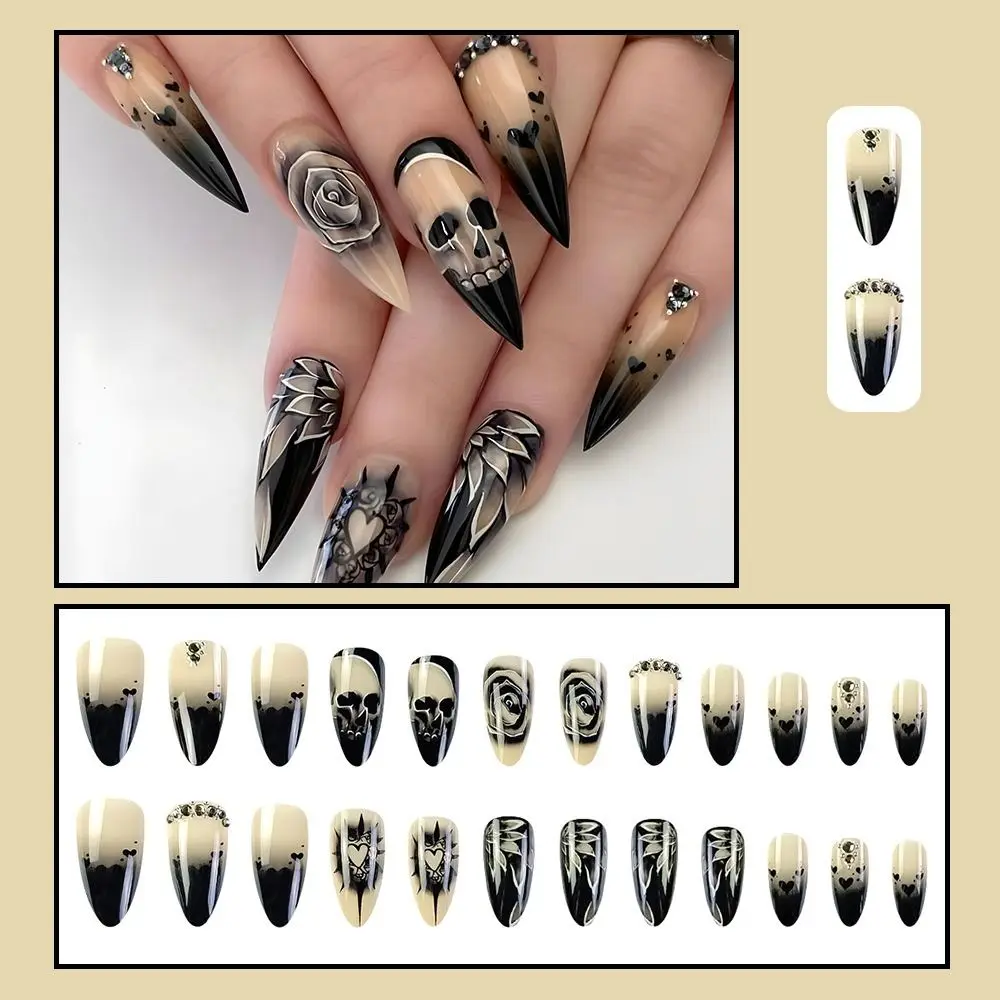 Rose Rhinestone Halloween Fake Nails Full Cover False Nails Detachable Press on Nails Long Ballet Nail Women Girl 24pcs Nail Art