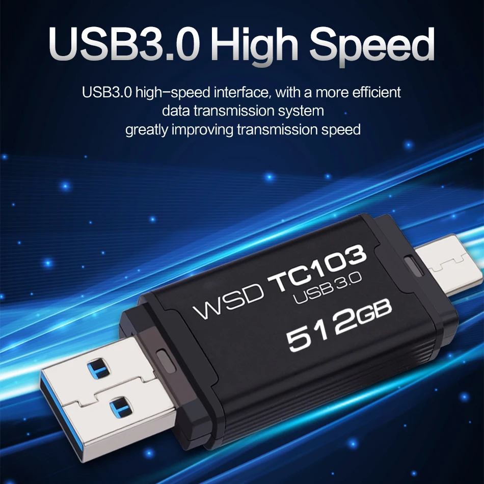 WANSENDA USB Flash Drive 128GB 2-IN-1 USB 3.0 + TYPE-C Pendrive 32GB 64GB Dual Type C Memory Stick 256GB 512GB Thumbdrive