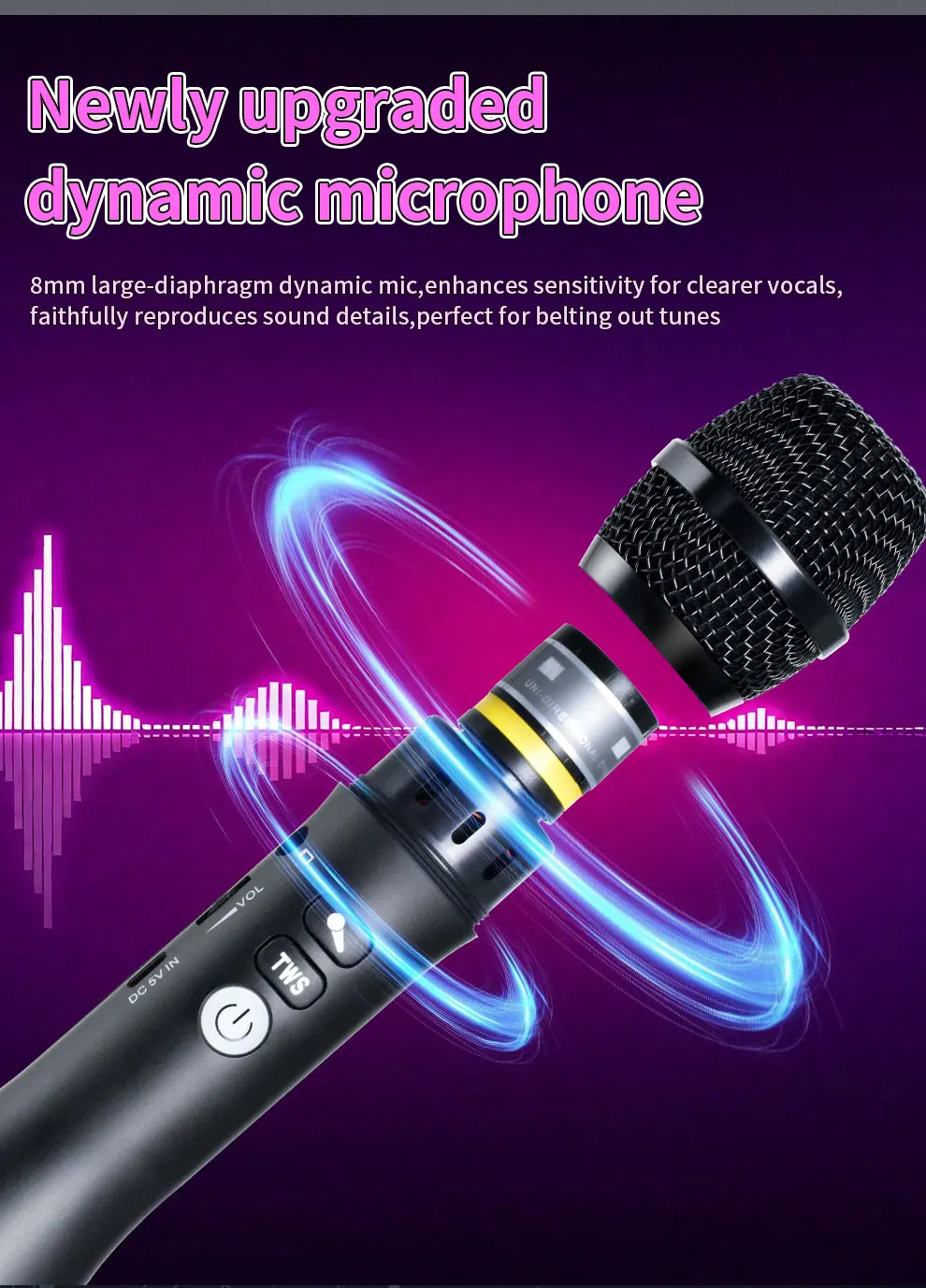 20 W 1 Stück 21 cm TWS Karaoke-Mikrofon Bluetooth 5.3 für Kinder/Erwachsene Geschenk Home Party Karaoke Wireless Duet Mic tragbarer Lautsprecher – Detail 4