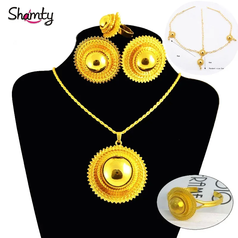 Shamty Ethiopian Bridal Jewelry Sets Women Trendy Pure Gold Color Set African Nigeria Sudan Eritrea Kenya 3 Different Size