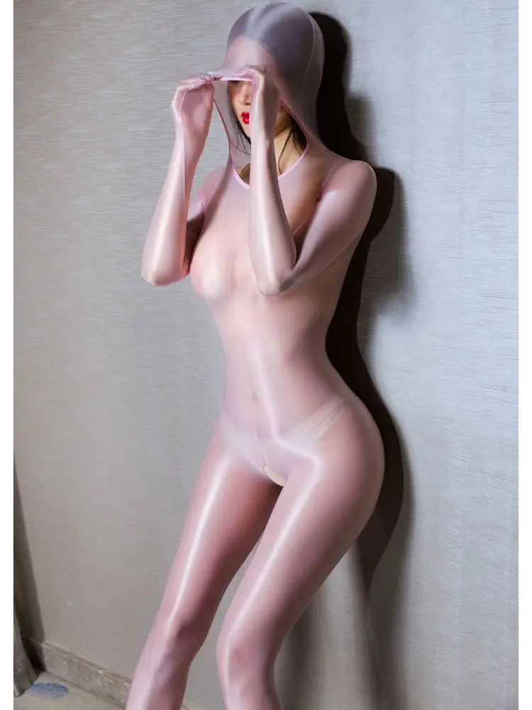 M XL Hooded Zentai Catsuit Glossy Shiny Bodystocking Open Crotch Bodysuit Tights Sexy Leotard Conjoined Jumpsuit Unitard Leopard