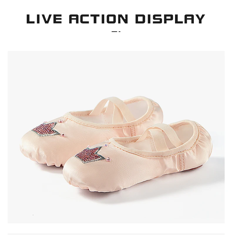 Kindertanzschuhe mit weicher Satin-Sohle, Kronenmuster, rosa Ballettfigur, Übungstanzschuhe, süße Tanzschuhe für Mädchen – Detail 4