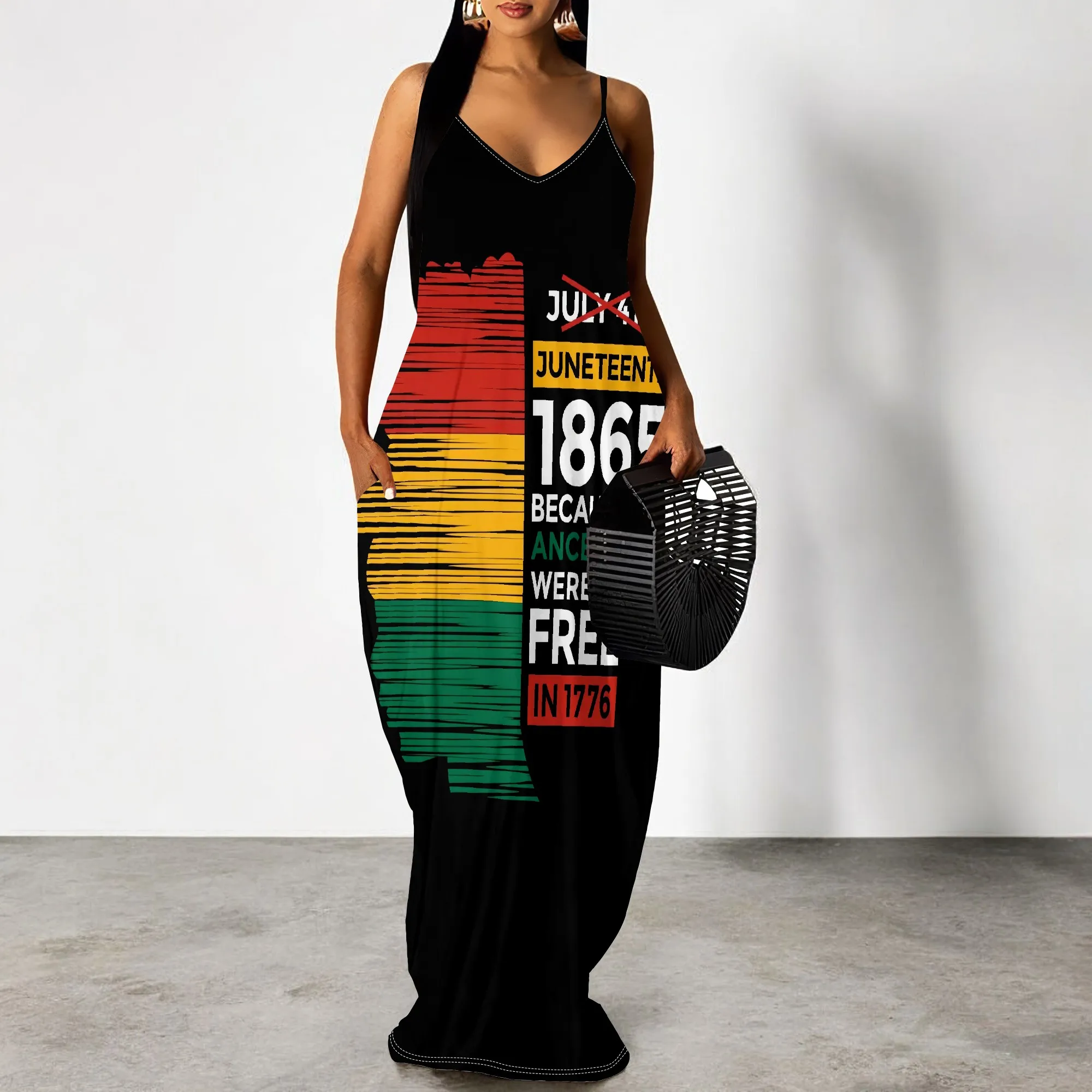 

Juneteenth 1865 Maxi Dress for Women S-3XL African American Pride Spaghetti Strap Long Dress Red Yellow Green Print