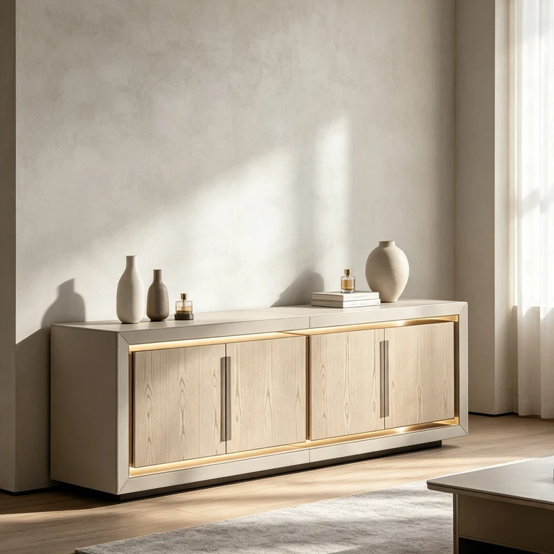 Side cabinet luxury leather clad Italian designer design wood veneer four door locker living room buffet cabinet LED light villa