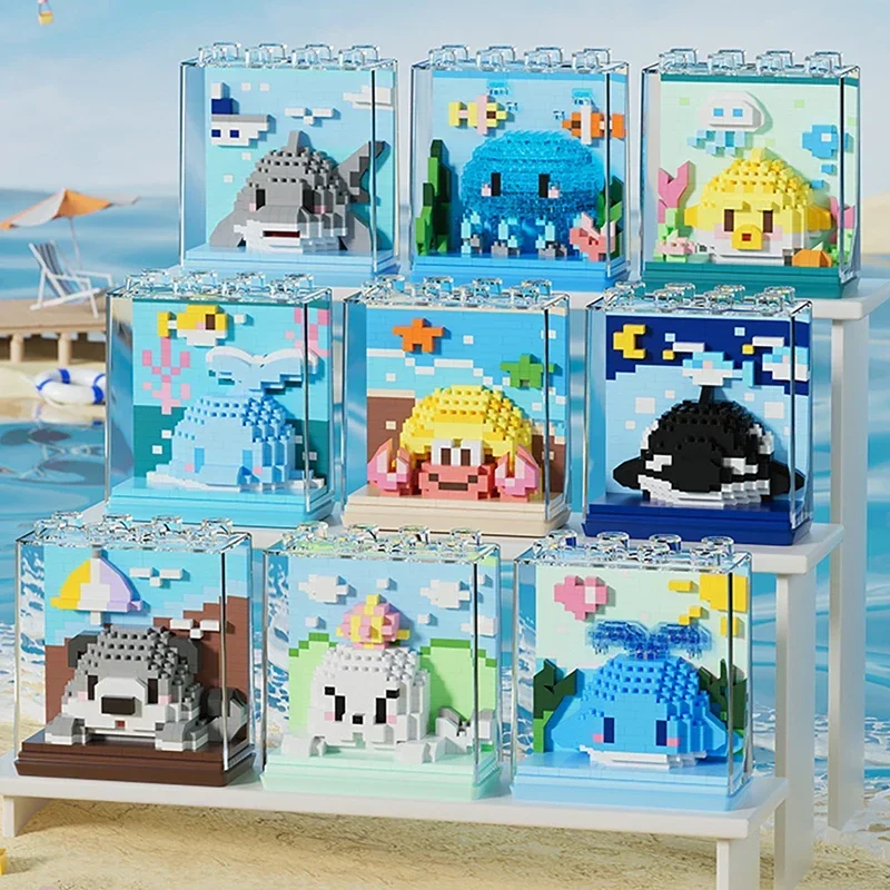 Marine Organism กล่องบล็อกอาคาร Sea Lion Dolphin ปลาวาฬสีฟ้าสัตว์ประกอบ Mini Micro อิฐรูปของเล่นสําหรับของขวัญเด็ก