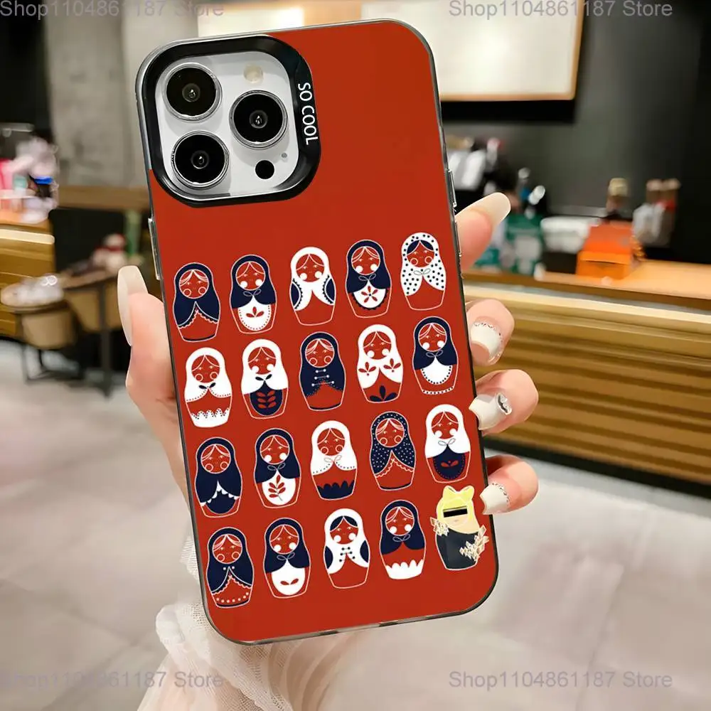 حافظة هاتف ماتريوشكا للدمى الروسية لهواتف iPhone 17,16,15,14,13,12,11,Pro,Max,Plus, Mini,XS,SE مضادة للسقوط باللون الأسود غير اللامع
