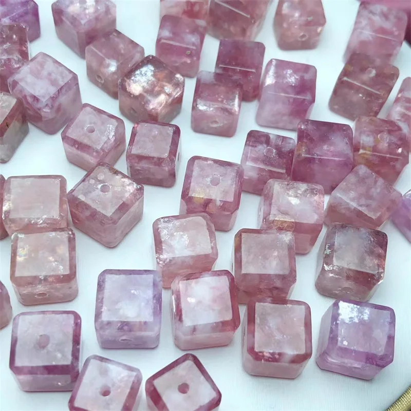 5PCS Natural Pink Grandmother Crystal Cube Carving Decor Polished Divination Healing Reiki Gifts 8MM