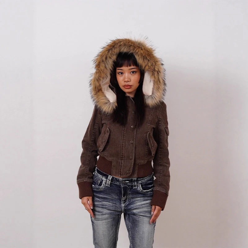 

Harajuku Retro Fur Collar Autumn Warm Jacket With Brown Lining For Women Slim Pocket Button Cardigan Y2K Niche Cozy Streetwear