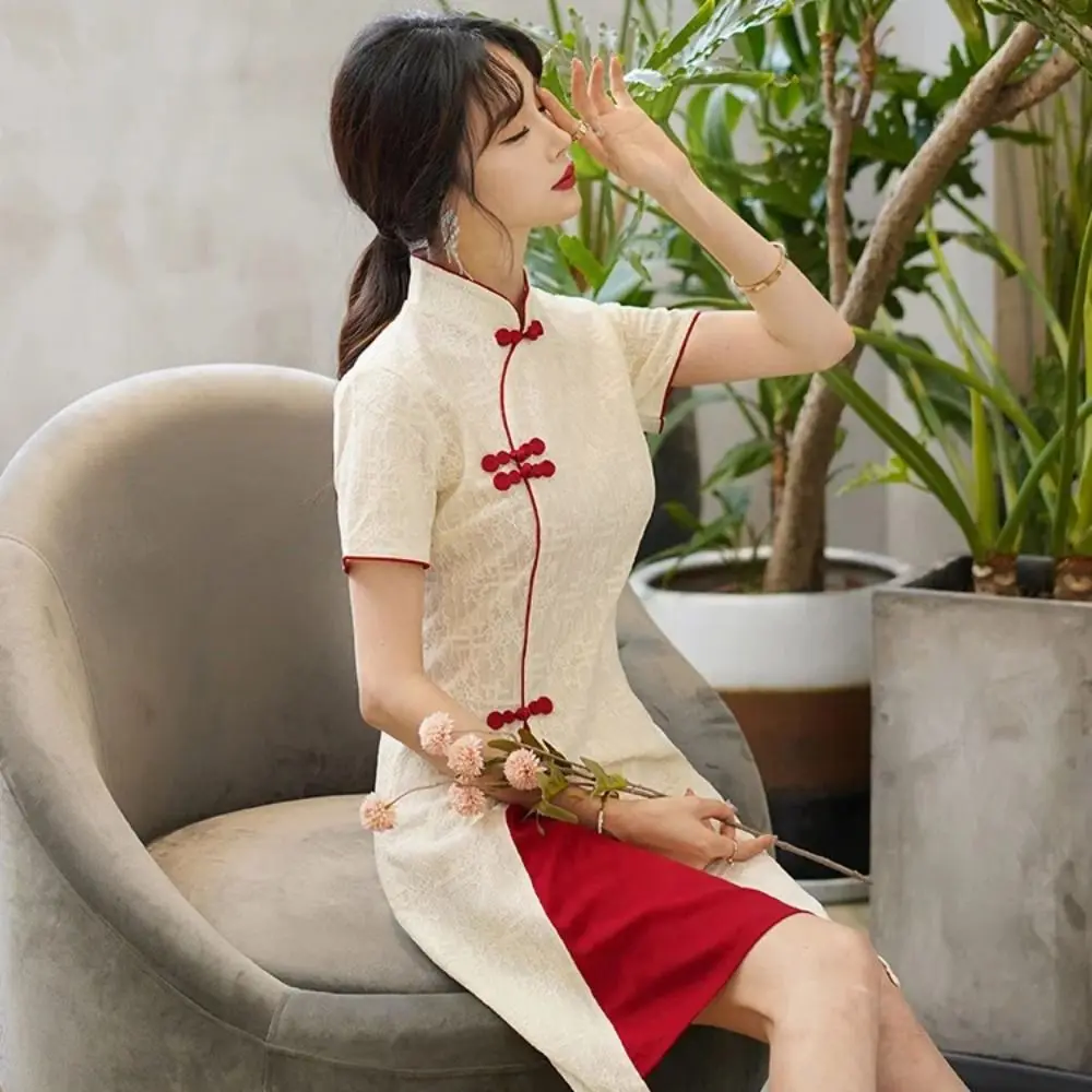 

New Chinese style dress Short Sleeve Qipao Dress China-Chic Long Fork Traditional Chinese Dress Vintage Casual Cheongsam Women