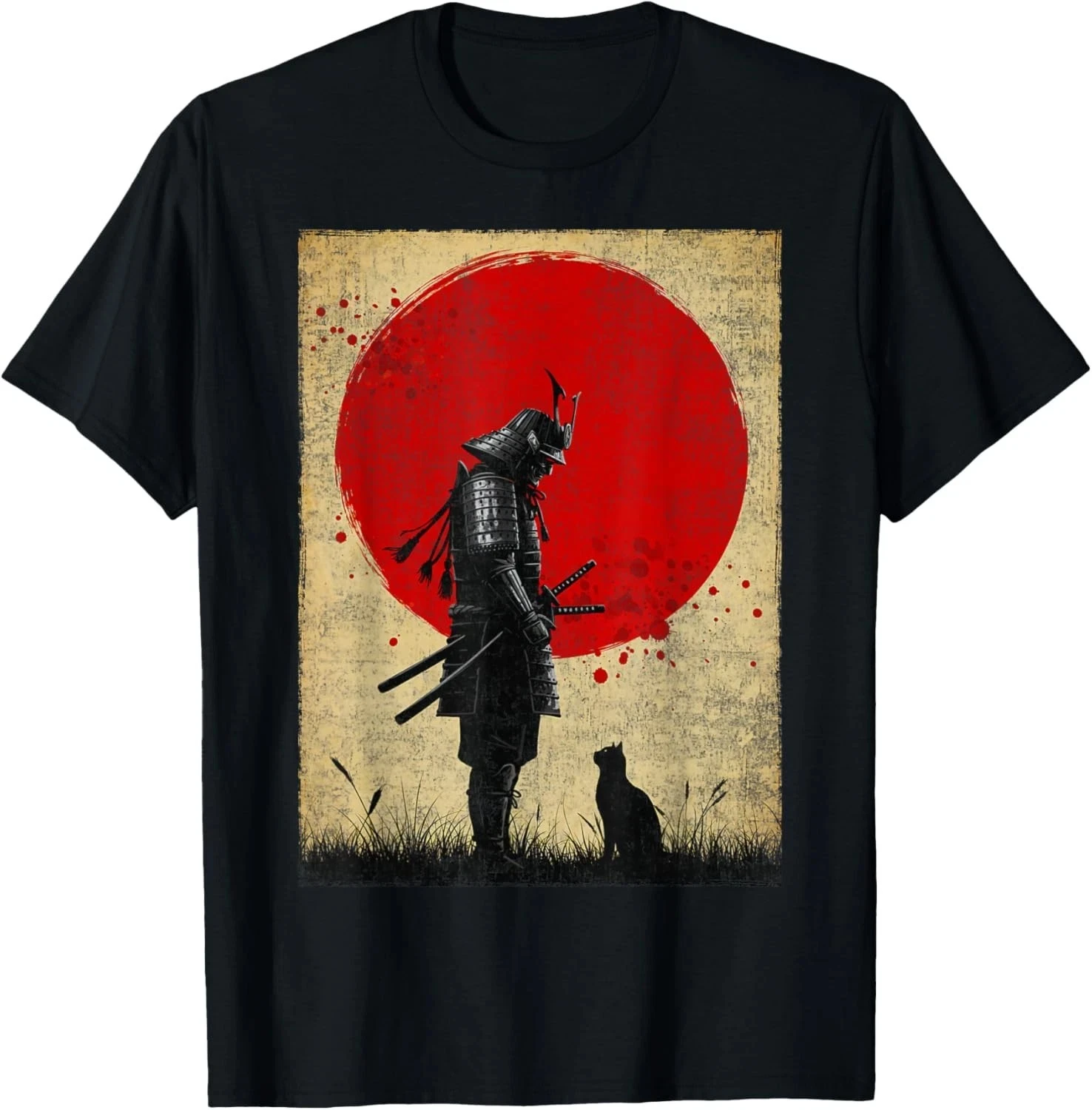 Japanese Art Samurai Warrior Black Cat Vintage Fighter Retro Unisex Black Casual Crew Neck T Shirt