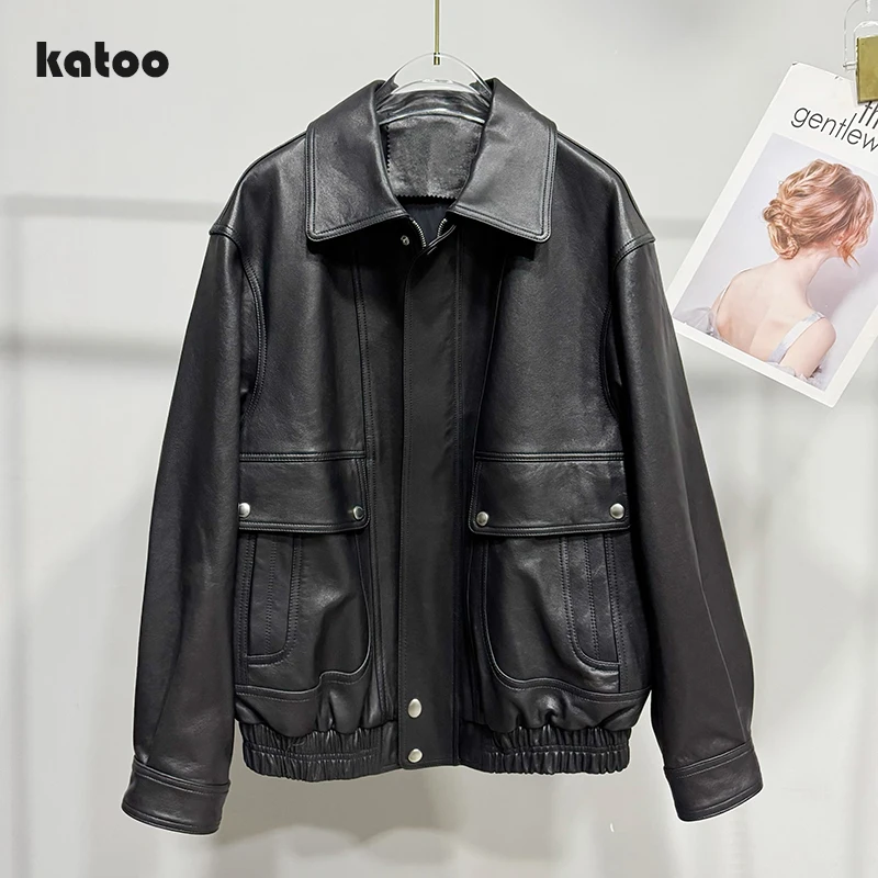 Genuine Leather Bomber Jacket for Women Autumn Vintage Lapel Snap Button Pockets Oversized Sheepskin Coat Streetwear Veste Femme