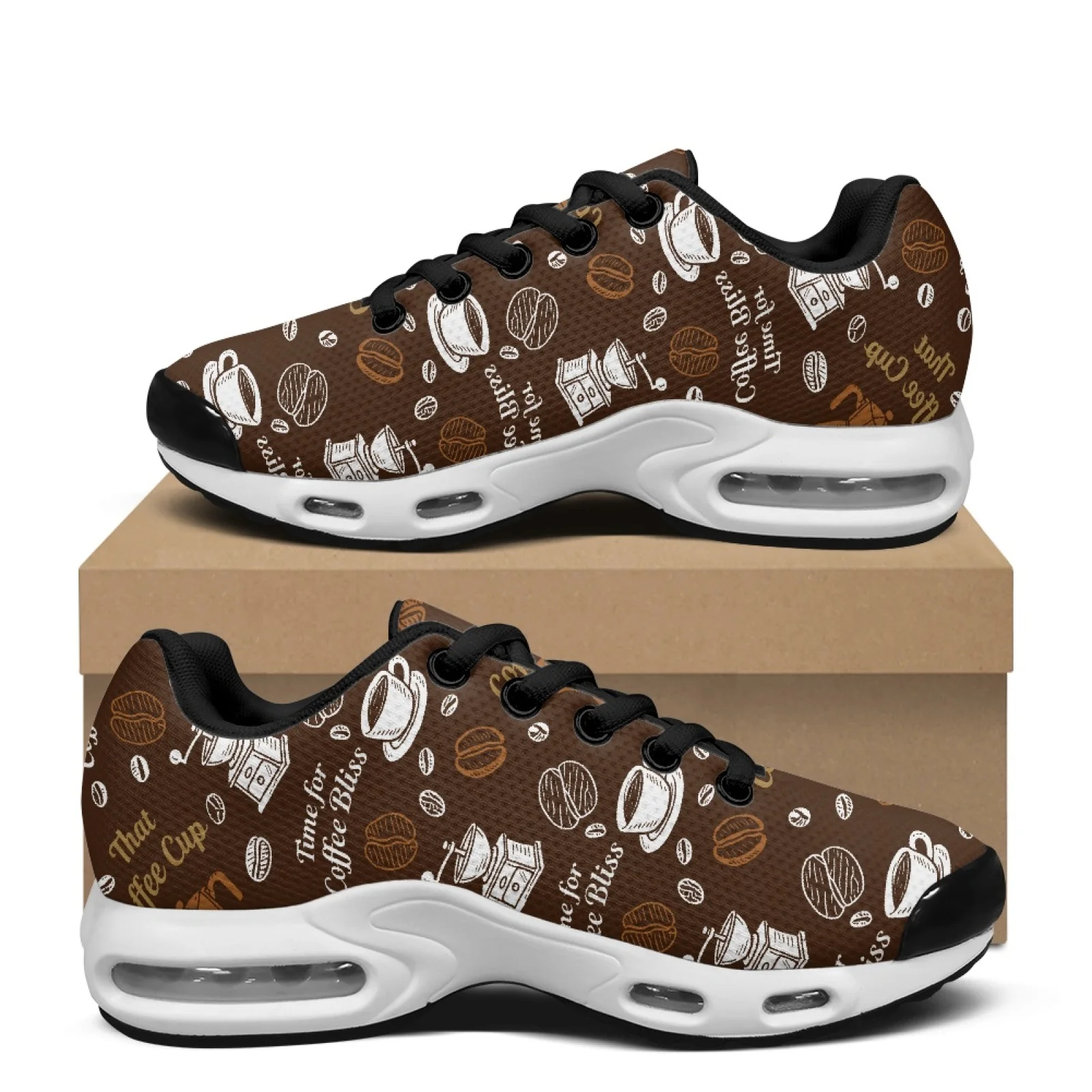 PENSTROLL Coffee Themed Lace-Up Fitness Shoes Mesh Jogger Athletic Sneakers for Men Breathable Walking Shoes