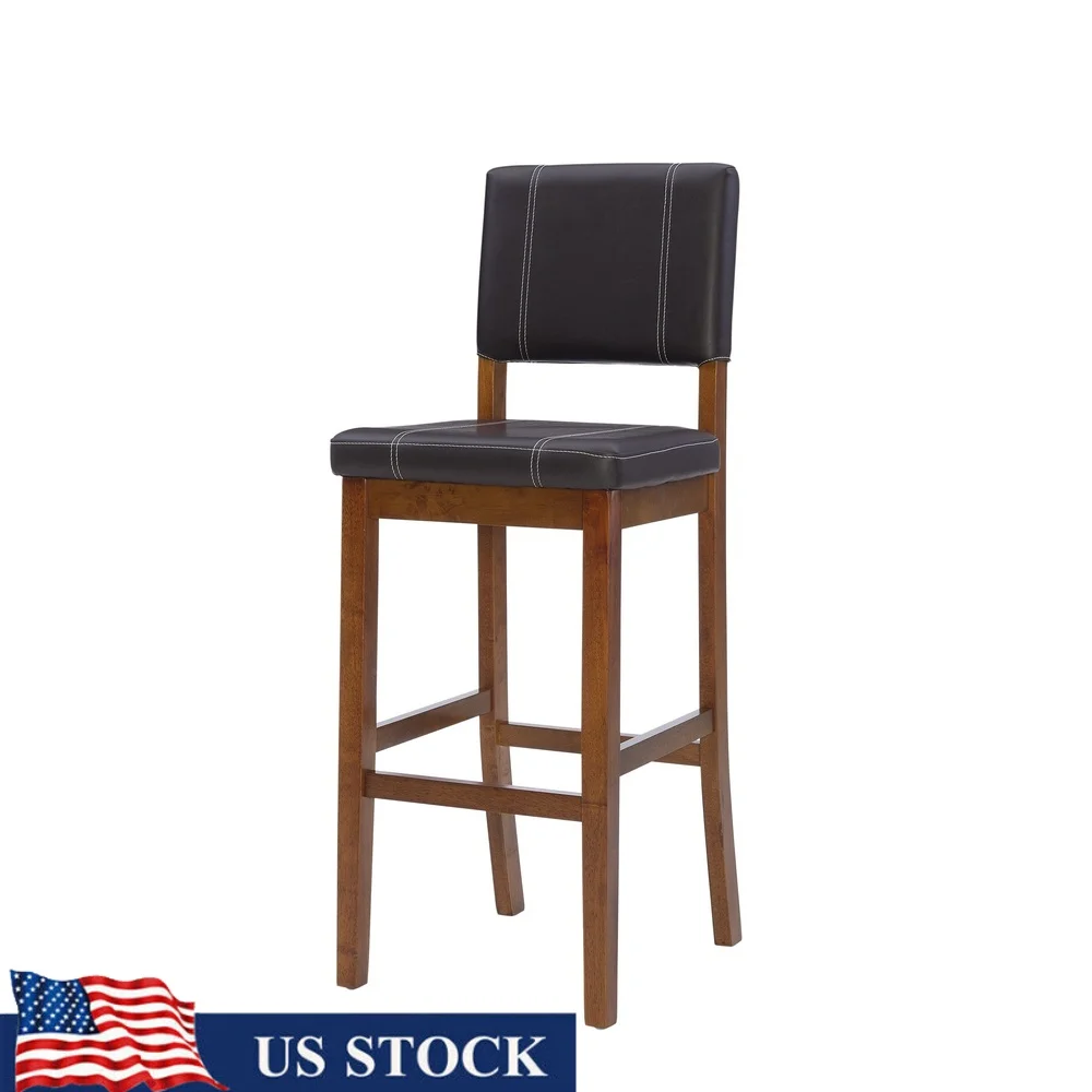 

30in Bar Stool Padded Faux Leather Deep Brown Elegant Stitching Solid Wood Frame Foot Rails Comfortable Seating Kitchen Dining