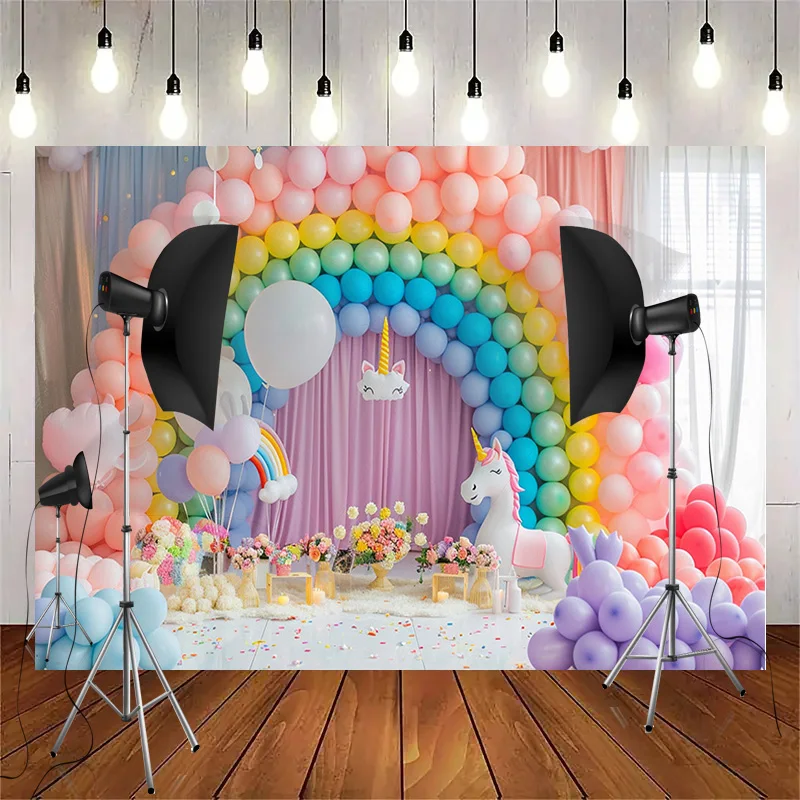 ลูกโป่งทรงโค้งสีรุ้งรูปยูนิคอร์นฉากหลังสำหรับถ่ายภาพ RA-02สำหรับงานเลี้ยงวันเกิดเด็กแรกเกิด