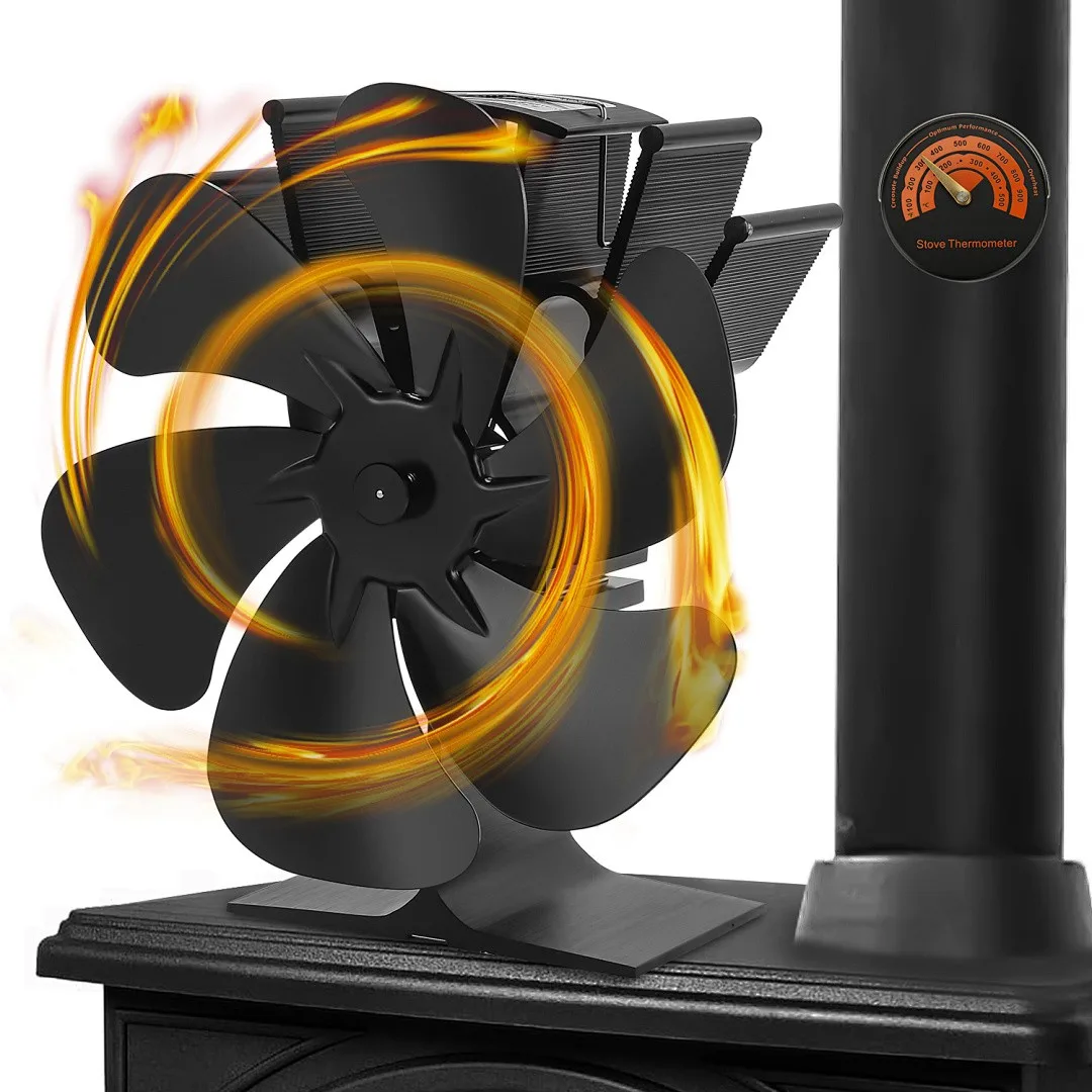 Ventilateur de poêle à chaleur, silencieux, en aluminium, à 6 pales, pour cheminée, ventilateur à régulation automatique équipé d’un module thermoélectrique, un accessoire pratique pour poêles à bois qui permet d’accélérer le flux d’air chaud et d’assurer une répartition efficace de la chaleur à l’intérieur.