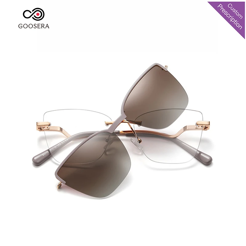 Unique Geometric Cat Eye Magnetic Clip Polarized Sunglasses Women Rimless Anti Blue Light Progressive Prescription Glasses