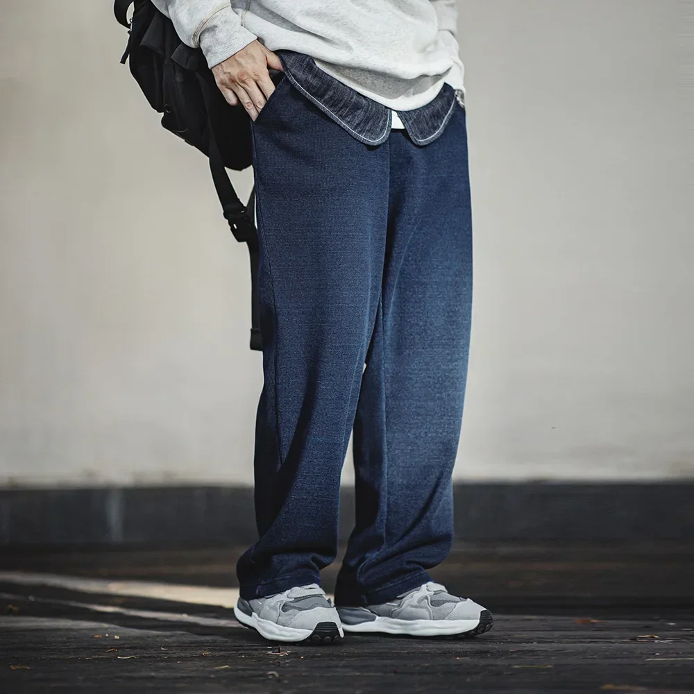 Maden Vintage Loose Fit Knit Waffle Sweatpants Men's Straight Solid Pants with Elastic Waist and Drawstring Trousers for Autumn