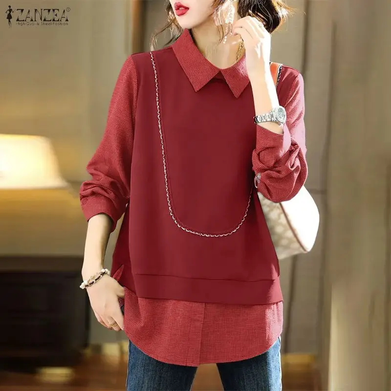 

Весенняя блузка ZANZEA 2026 в клетку с лоскутным узором, женская, с отложным воротником, длинным рукавом, винтажная, повседневная, свободная рубашка на пуговицах