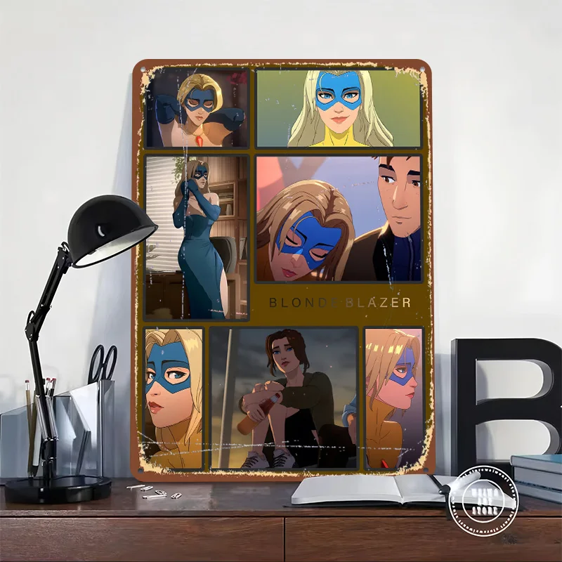 Blonde Blazer: Animated Character Collage Tin Plaque Poster Customized Wall Art Retro Vintage Metal Signs for Room Custom Plate