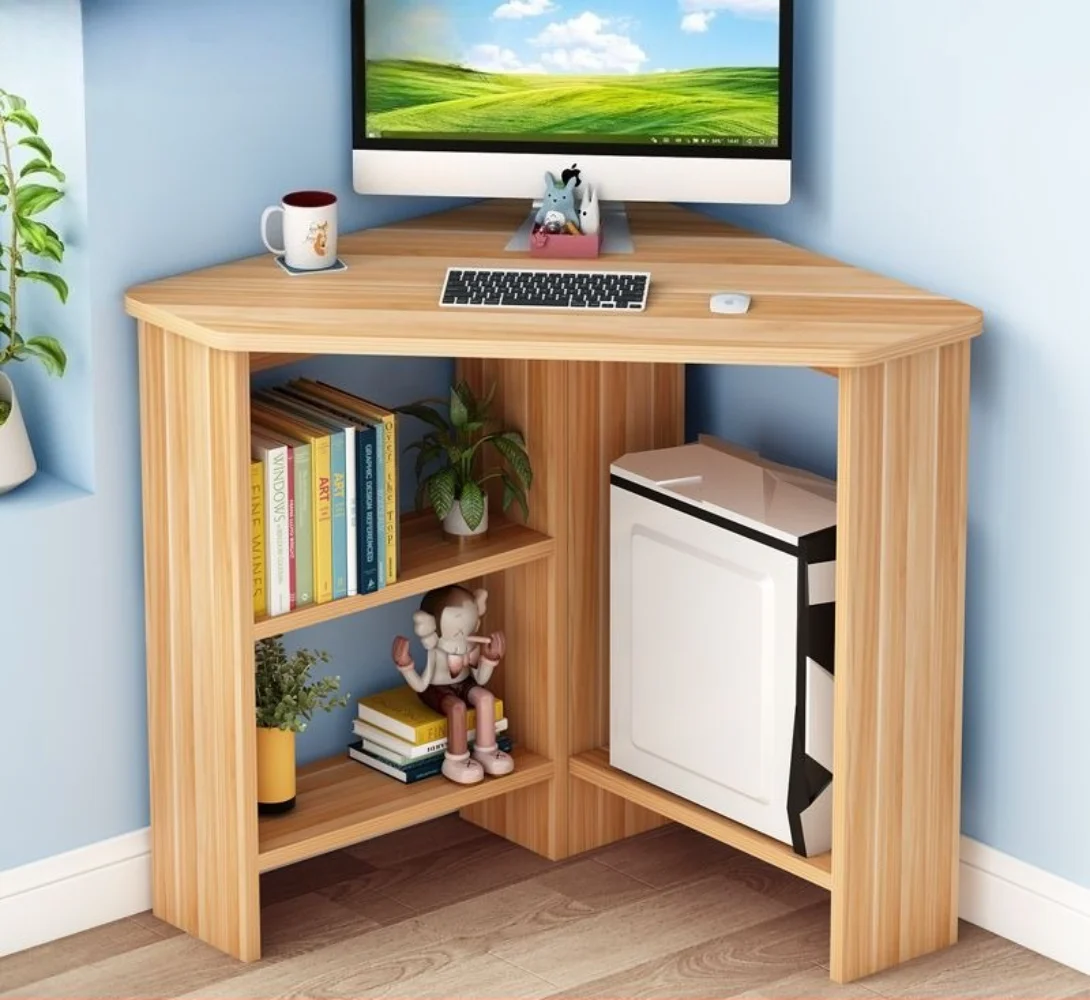 Solid Wood Corner Desk Furniture - Triangle Study Desk with Shelf Small Computer Desk for Home Office & Study