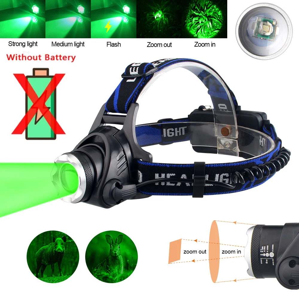 Taktischer Scheinwerfer, rot/grün/lila/weißes Licht, Stirnlampe, zoombar, LED, USB-Aufladung, 3 Modi, Scheinwerfer, Power-Scheinwerfer, Jagd