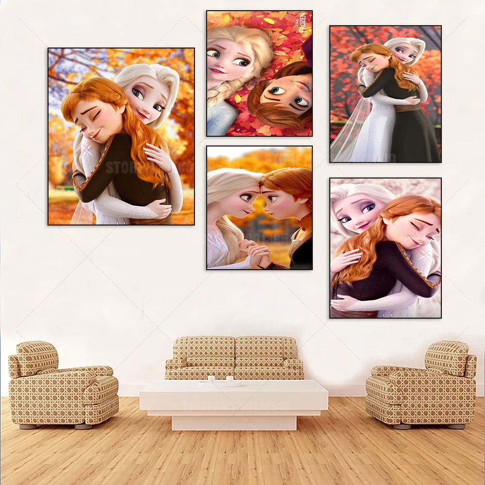 Disney Frozen Anna and Elsa Hug Canvas Painting Wall Art Princess Posters and Prints Picture Girls Living Room Home Decoration