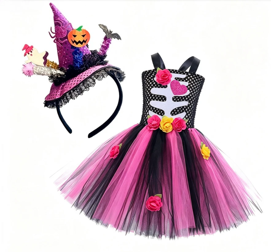 Children Halloween Party Role Play Skeleton Witch Style Fancy Spaghetti Strap Tulle Dress With Unique Design Headband Set Outfit