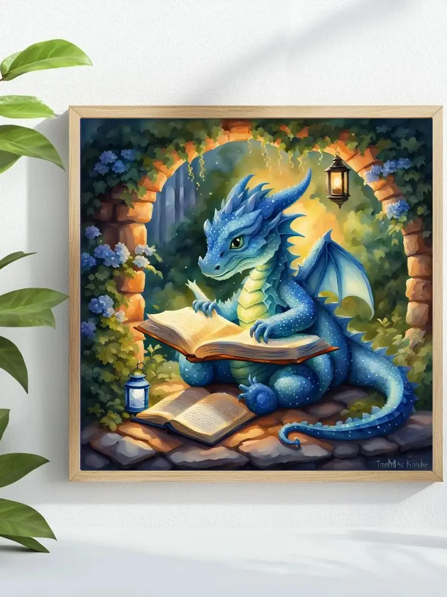 1 Stück 40x40 cm/15,74 Zoll Ein kleiner Dinosaurier, der ein Buch liest, Kreuzstich-Set, DIY-Set, 11CT/14CT, Vollstickerei, Wanddekoration – Detail 1