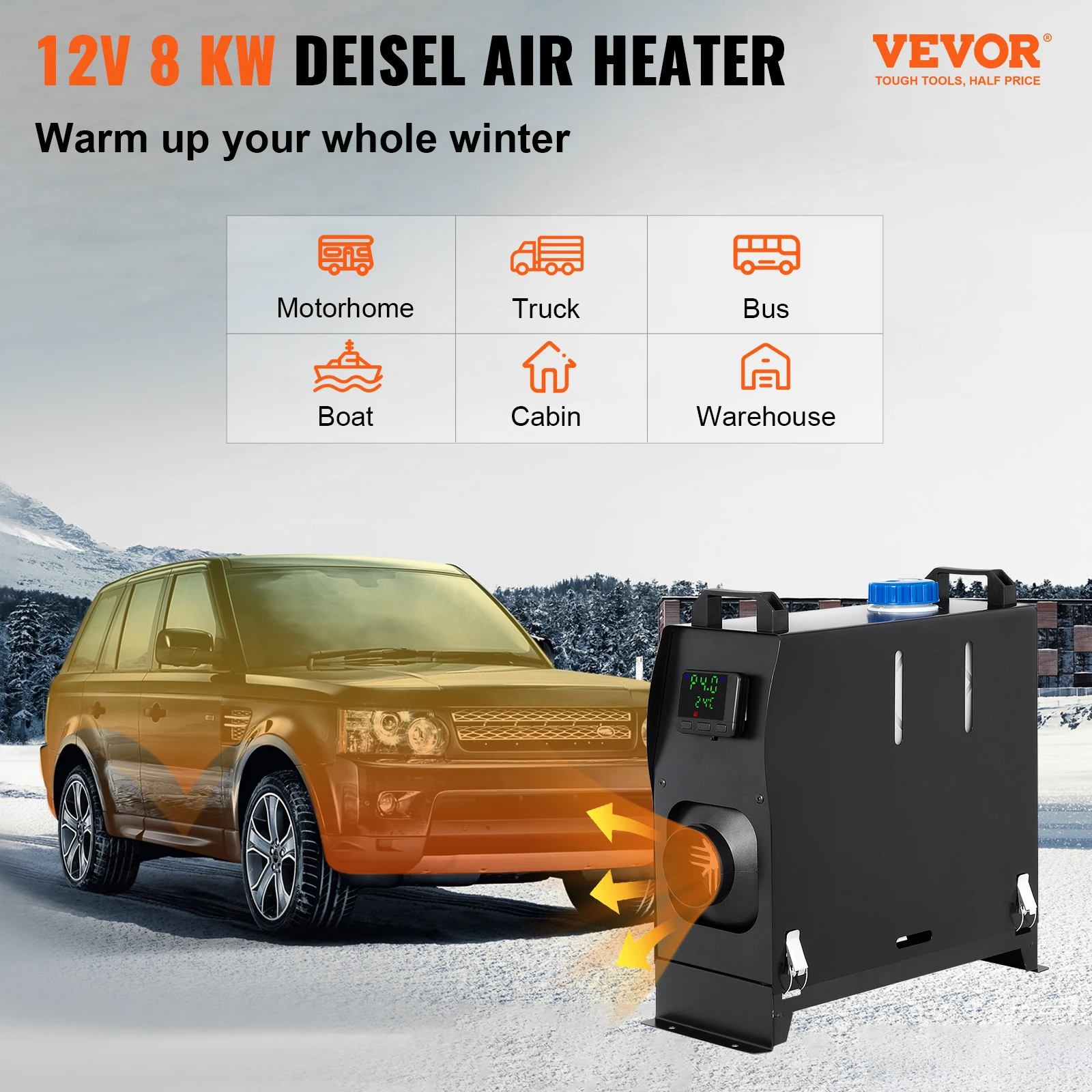 VEVOR-Diesel Air Heater, 8KW, Parking Heater, Tudo em Um, 12V Truck Heater, Um Buraco Saída, Interruptor LCD Preto, Aquecimento Rápido