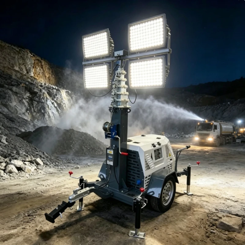 Mobile Lighting Tower Mobile Wheel Frame 8.4m Telescopic Pole Rotatable Light Heads For Construction Jobsite