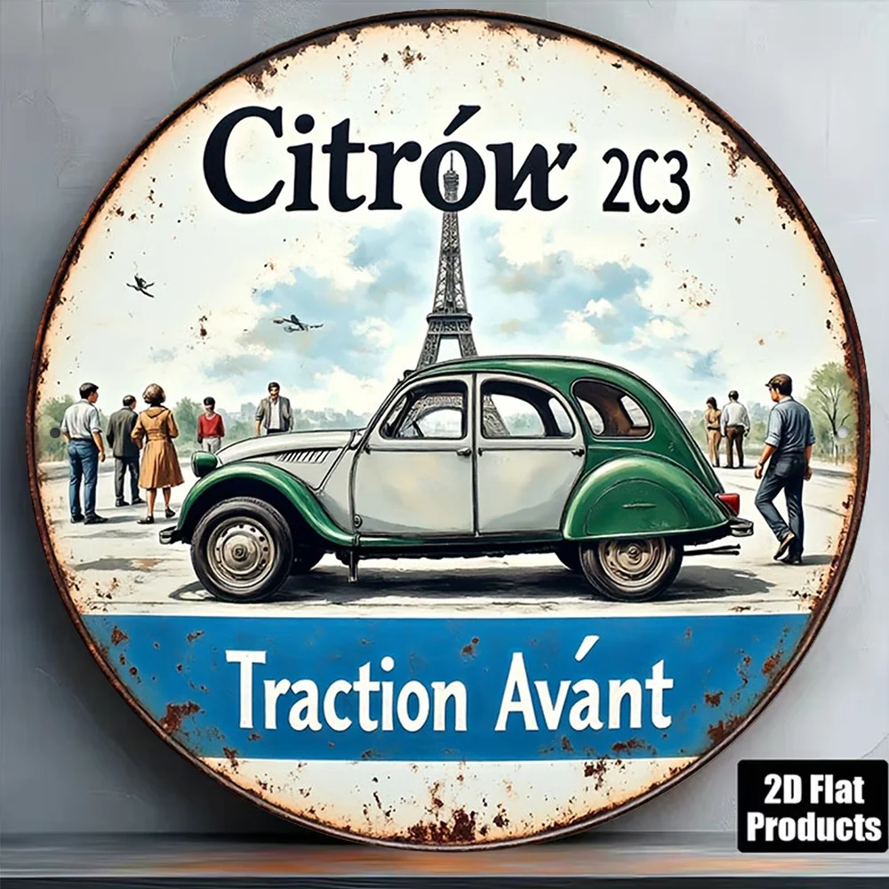 2D Flat - 1pc 8*8In/20X20Cm 2D Flat Round Sign, Vintage Plaque about Citro?N 2CV, Traction Avant Decorative Sign, Suitable for B