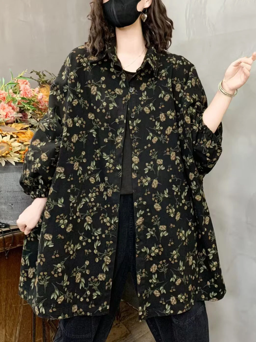 

Floral Print Loose Denim Jacket Women's Single-Breasted Black Jeans Jacket Long Sleeve Spring Autumn Outerwear