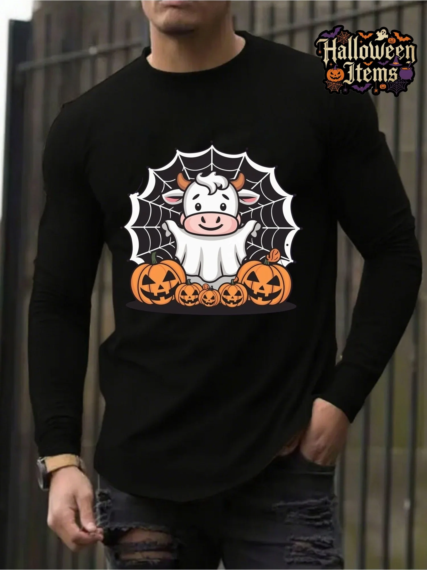 Men's Crew Neck Long-Sleeve Top, Halloween Cow Print, Slight Stretch, Fall-Winter Wear