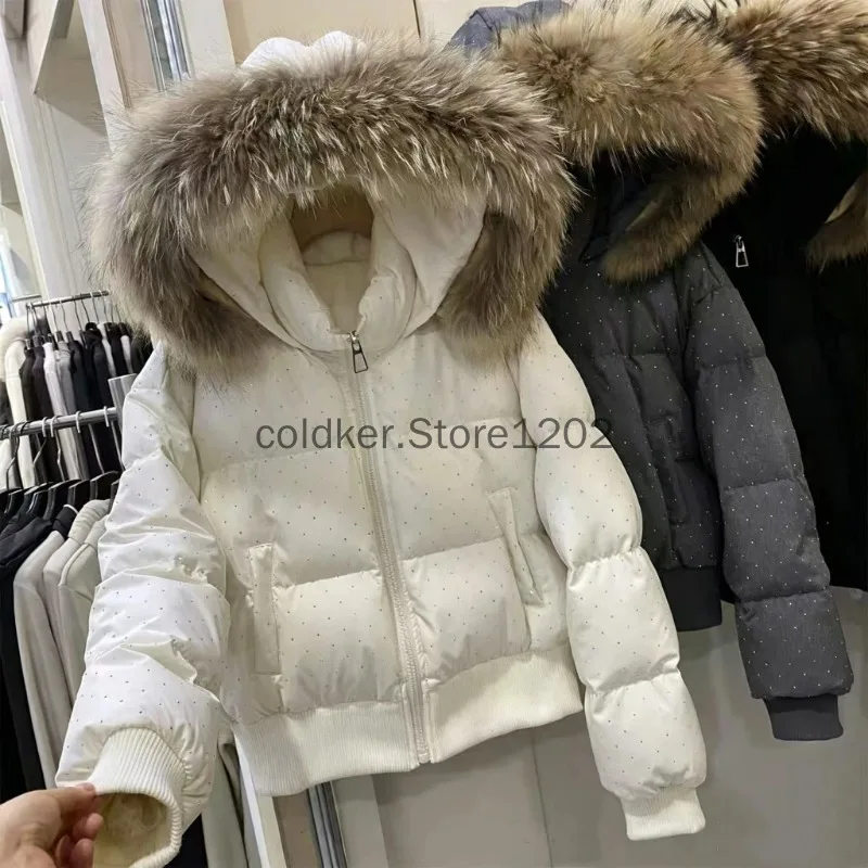 Women Winter Jacket Bling Rhinestone Fur Collar Hooded Zipper Warm Thick Cotton Short Coat Streetwear Padded Parka Outerwear