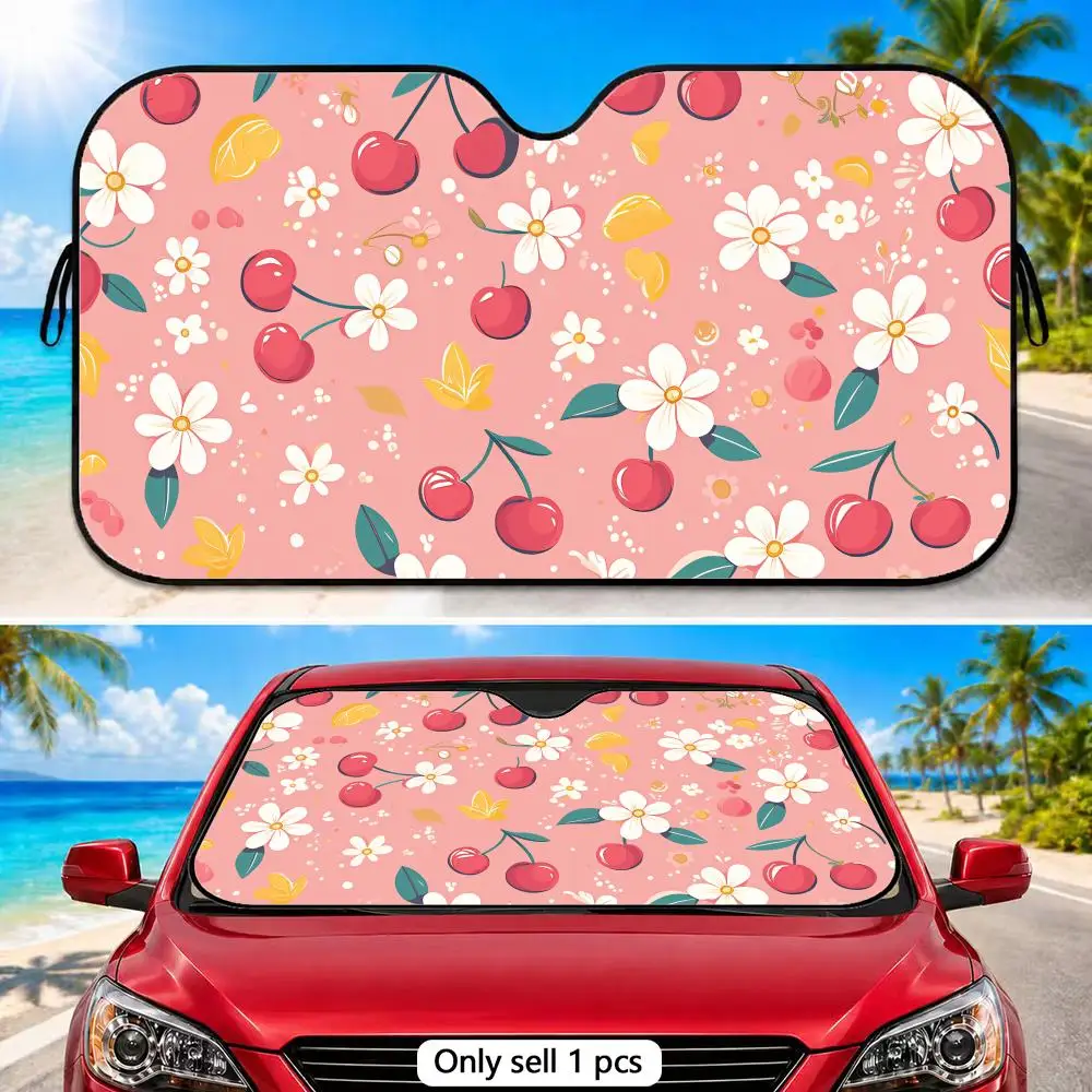 

Cute Cherry Sun Visor Reusable Foldable Aluminum Foil Sunshade UV Heat Insulation Cover for Car Front Windshield