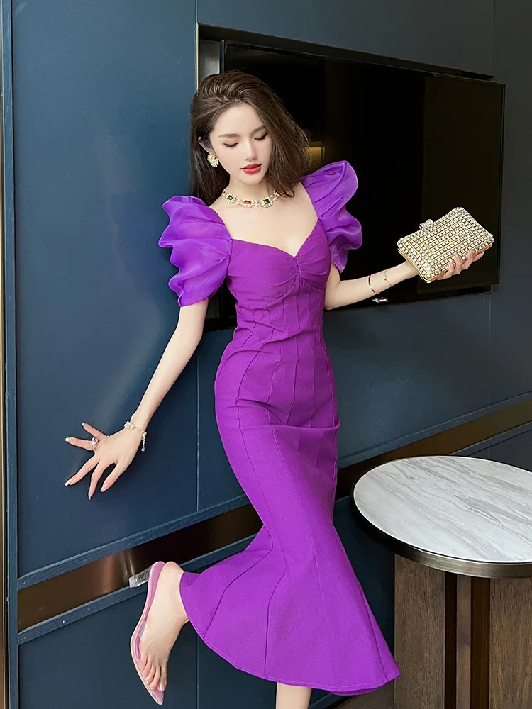 

Coigarsam Long Dress Women Summer New Office Lady French Style Vintage Solid Puff Sleeve Zipper V-Neck Bright Violet Dresses
