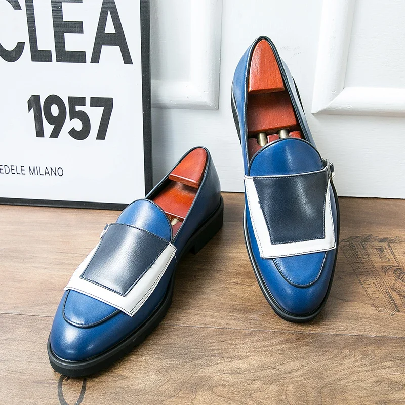 Men Loafers Shoes Beige Blue Monk Pu Leather Party Handmade Shoes Designer Men Shoes Zapatos De Hombre