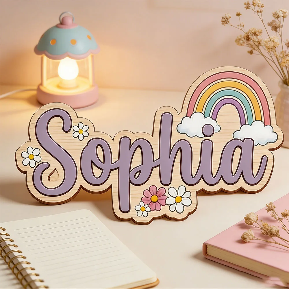 

Персонализированная деревянная табличка с именем в стиле бохо: пастельные радужные облака и ромашки, мягкие цвета, цветочный дизайн, подвеска на дверь для девочек, эстетичный декор для детской комнаты или для медсестры