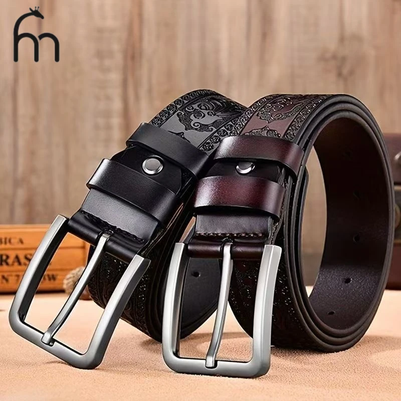 Retro Embossed Men's Layered Leather Belt with a Pin Buckle, Alloy Scratch-Resistant Metal Buckle, Business-Casual Embossed Leat