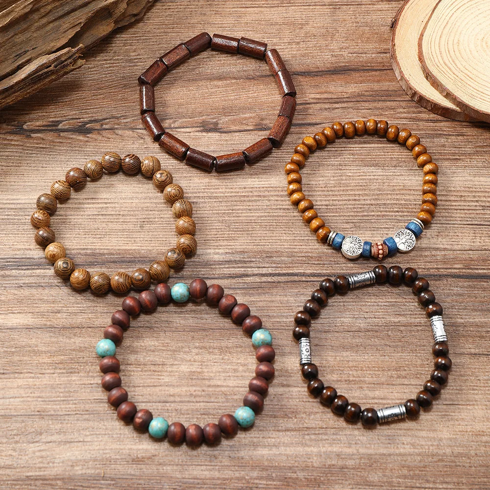 Fashion Men\'s Bracelet Peace Tree Wooden Bead Bracelet  Jewelry Retro Multi-layer Beaded Adjustable Handmade Design Cuban Chain