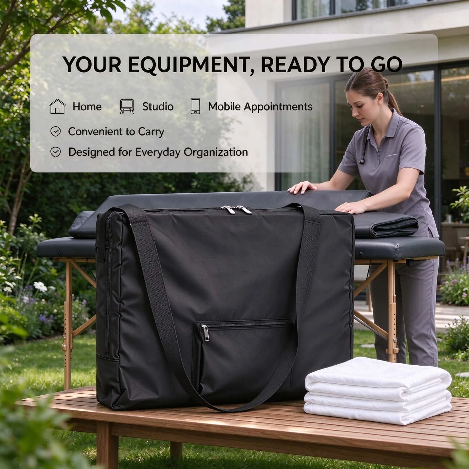 Black 420D Oxford Massage Table Carry Bag Portable Storage Tote with Front Pocket for Folding Spa Beauty Massage Bed