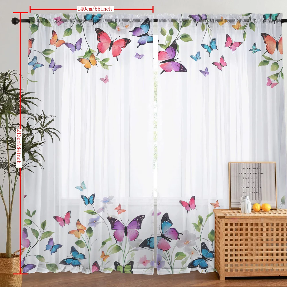 2Pcs Small Grass And Colorful Butterfly Group Print Home Decoration Window Screens Suitable For Coffee Shops, Restaurants